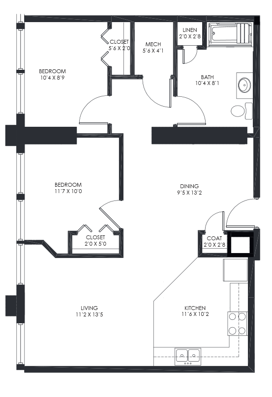 Floor plan for 2 beds, 1 bath, 923 sqft